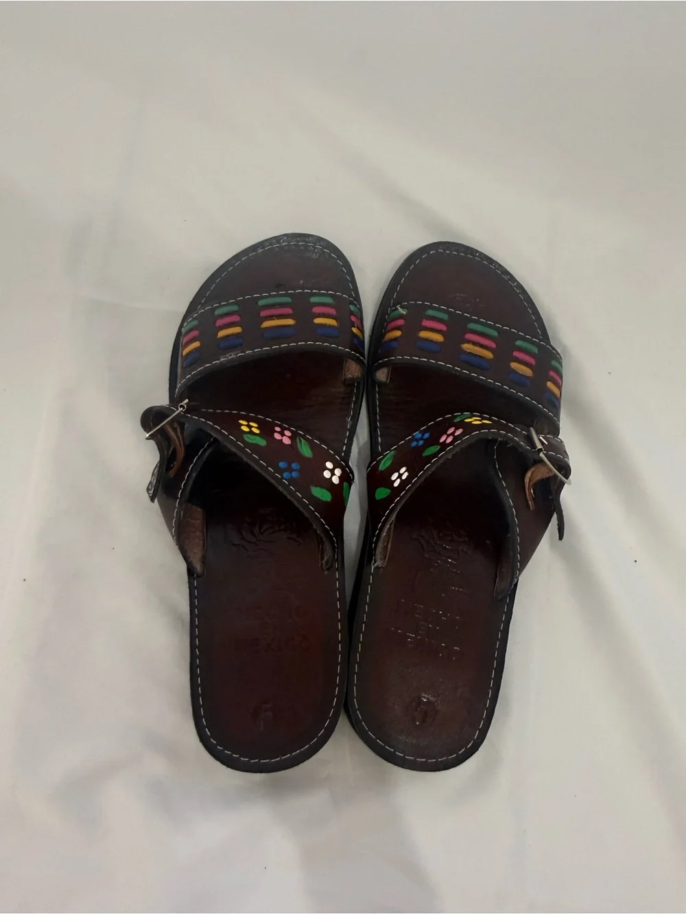 Handcrafted Brown Leather Sandals with Multicolor Embellishments